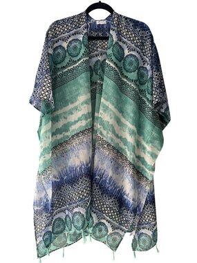 Ultra Pink Sheer Bohemian Print Kimono Cover Up Mint Teal Blue Tassel Duster OS